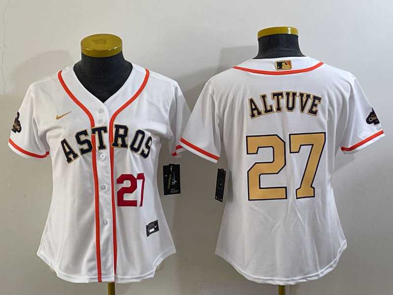 Women%27s Houston Astros #27 Jose Altuve Number 2023 White Gold World Serise Champions Patch Cool Base Stitched Jersey